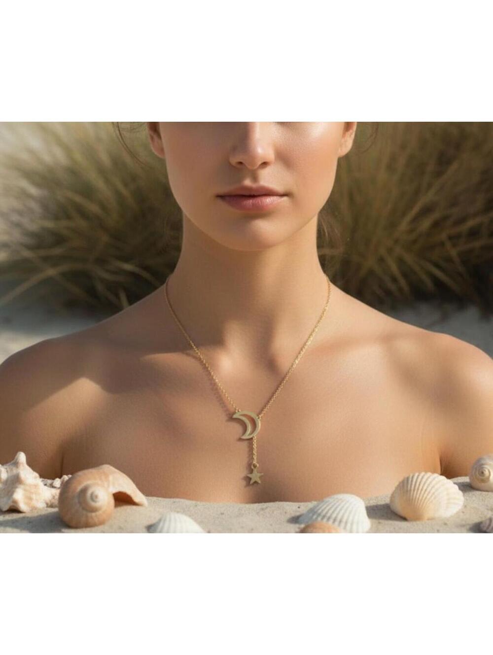 NECKLACE Titanium Steel Tassel Star Moon Gold Tone Up To 24” With Extension